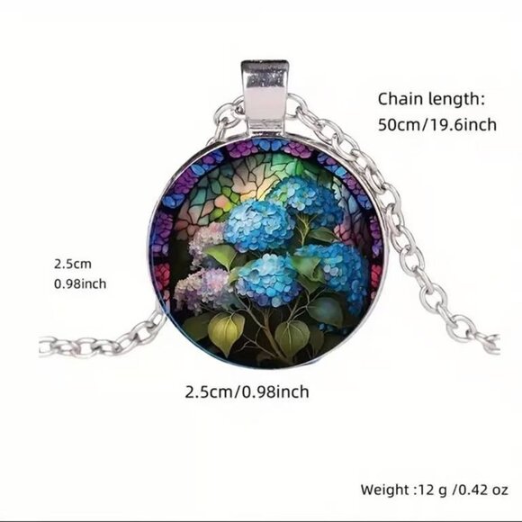 Silver Colorful HYDRANGEA Flowers Glass Cabochon Pendant Necklace - Picture 4 of 4